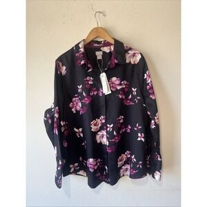 Chico's No Iron Black Floral Button Down Shirt 3.5/18 Preppy Resort Cotton New